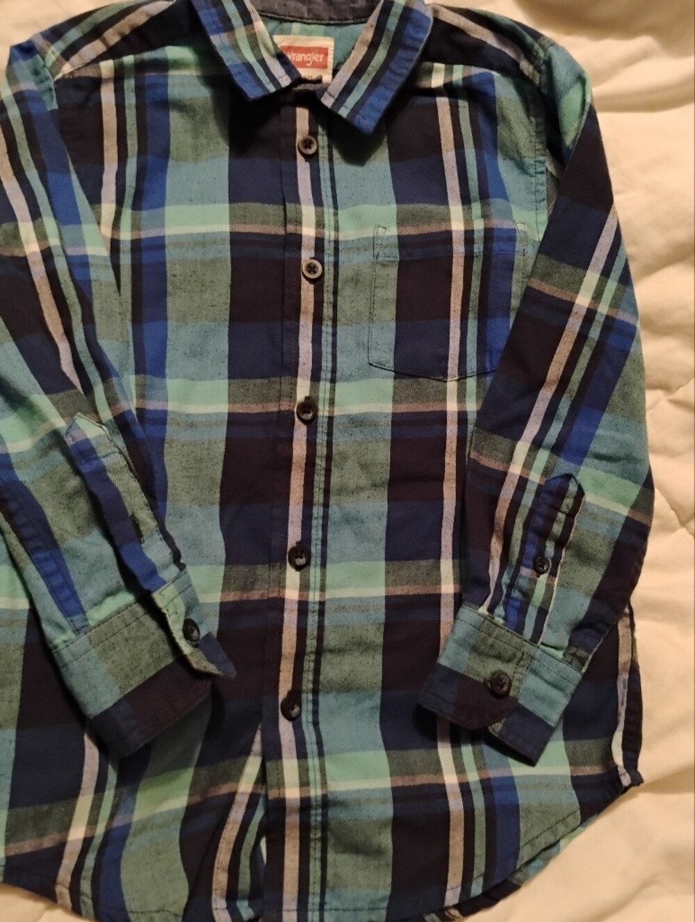 Wrangler Navy and Teal Plaid Button-Down Shirt